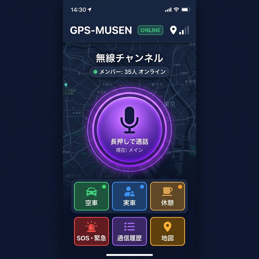 ドライバーアプリ画面（PTTボタンとGPSステータス）